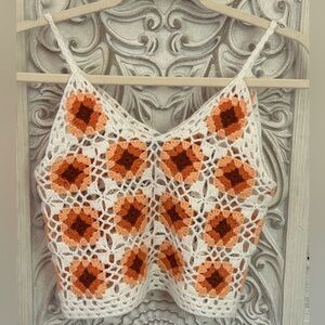 Cotton Emporium orange & brown granny squares crocheted crop top size XS NWT
